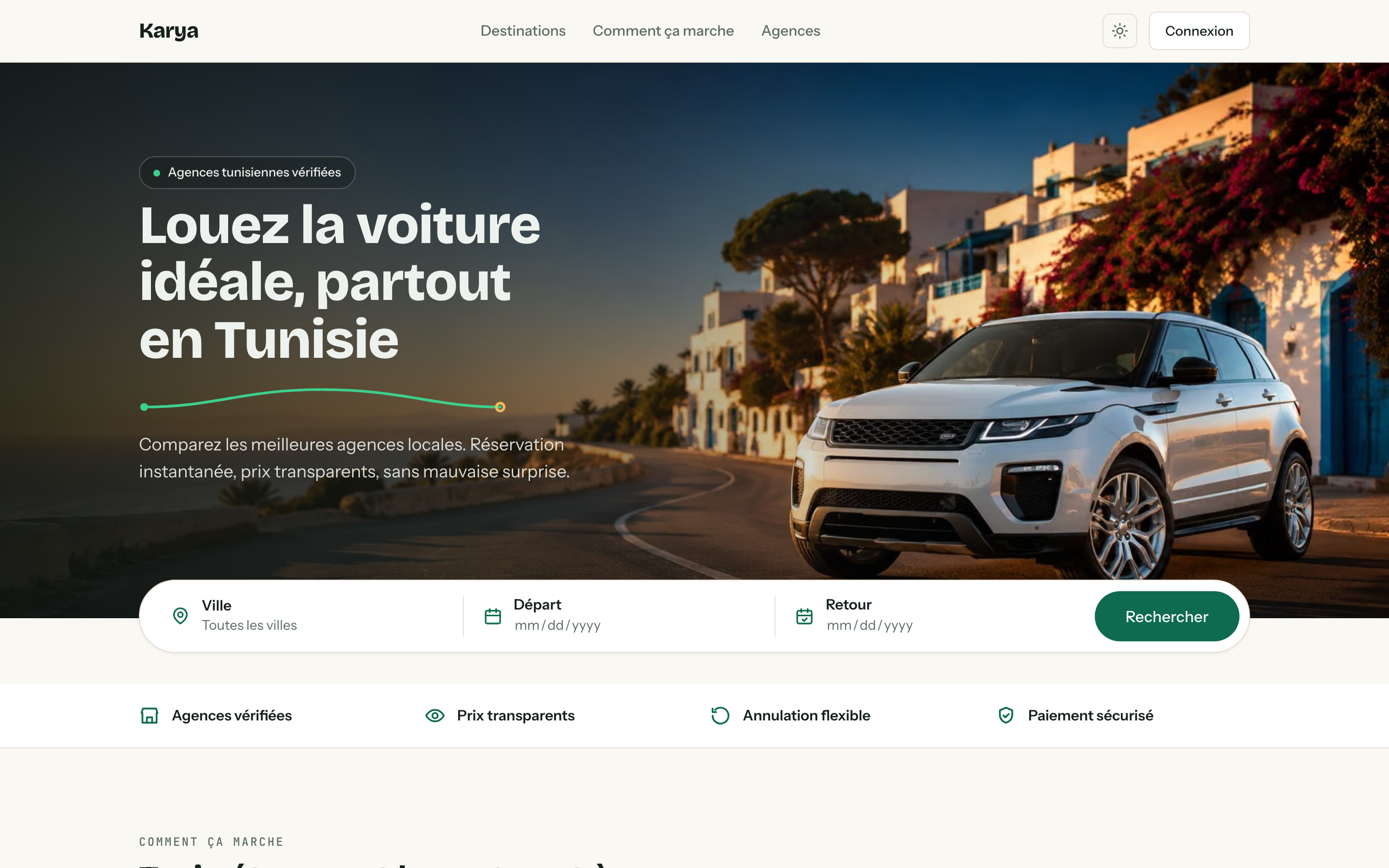 Page d'accueil de Karya : titre « Louez la voiture idéale, partout en Tunisie », barre de recherche par ville et dates, et bandeau de confiance.