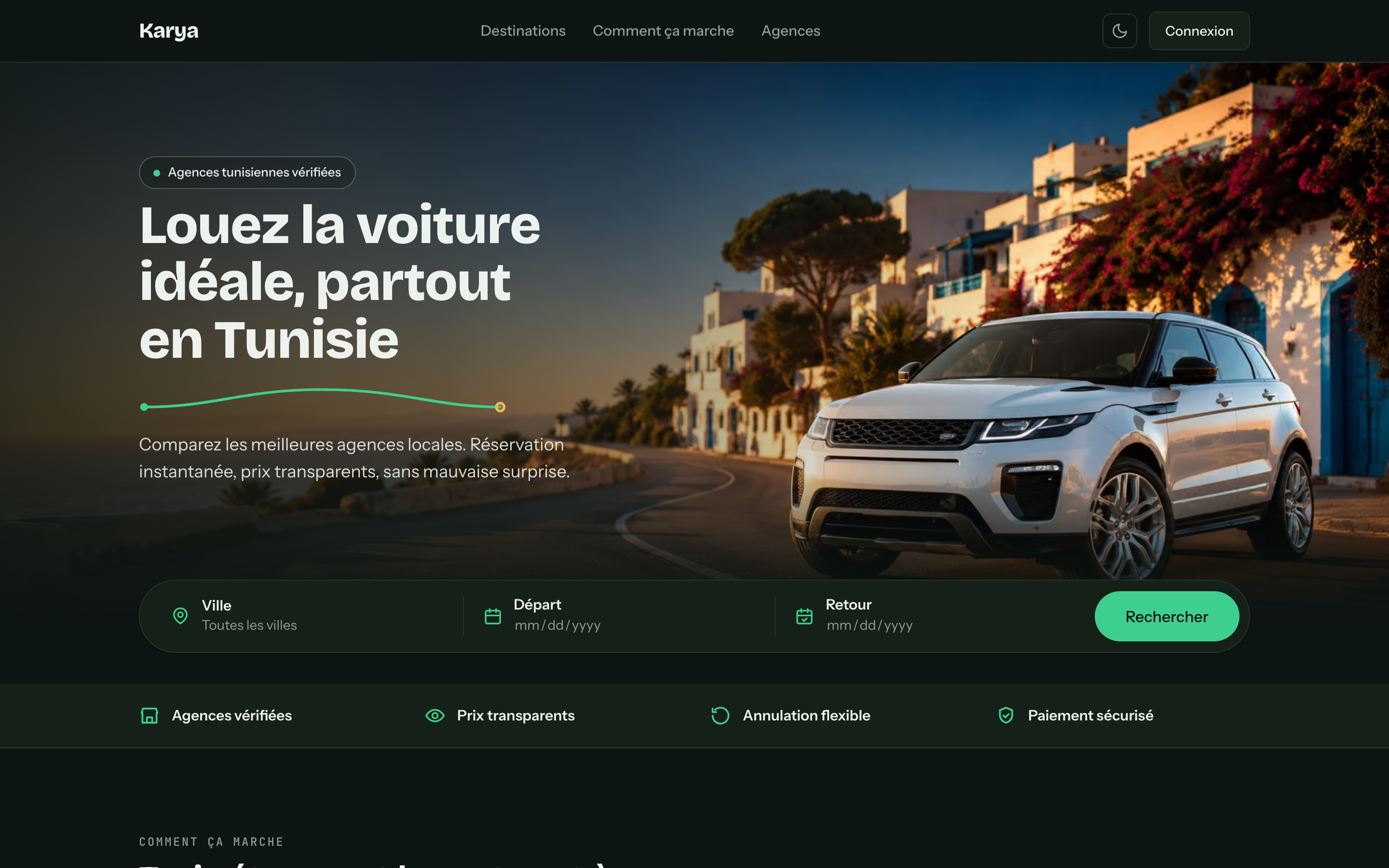 La même page d'accueil de Karya en mode Nuit, fond vert très sombre.
