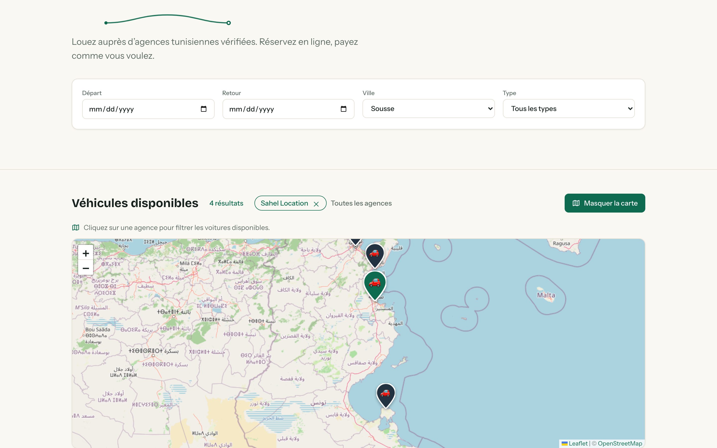 Catalogue de Karya avec la carte interactive de la Tunisie : marqueurs des agences et filtre « Sahel Location » actif, 4 résultats.
