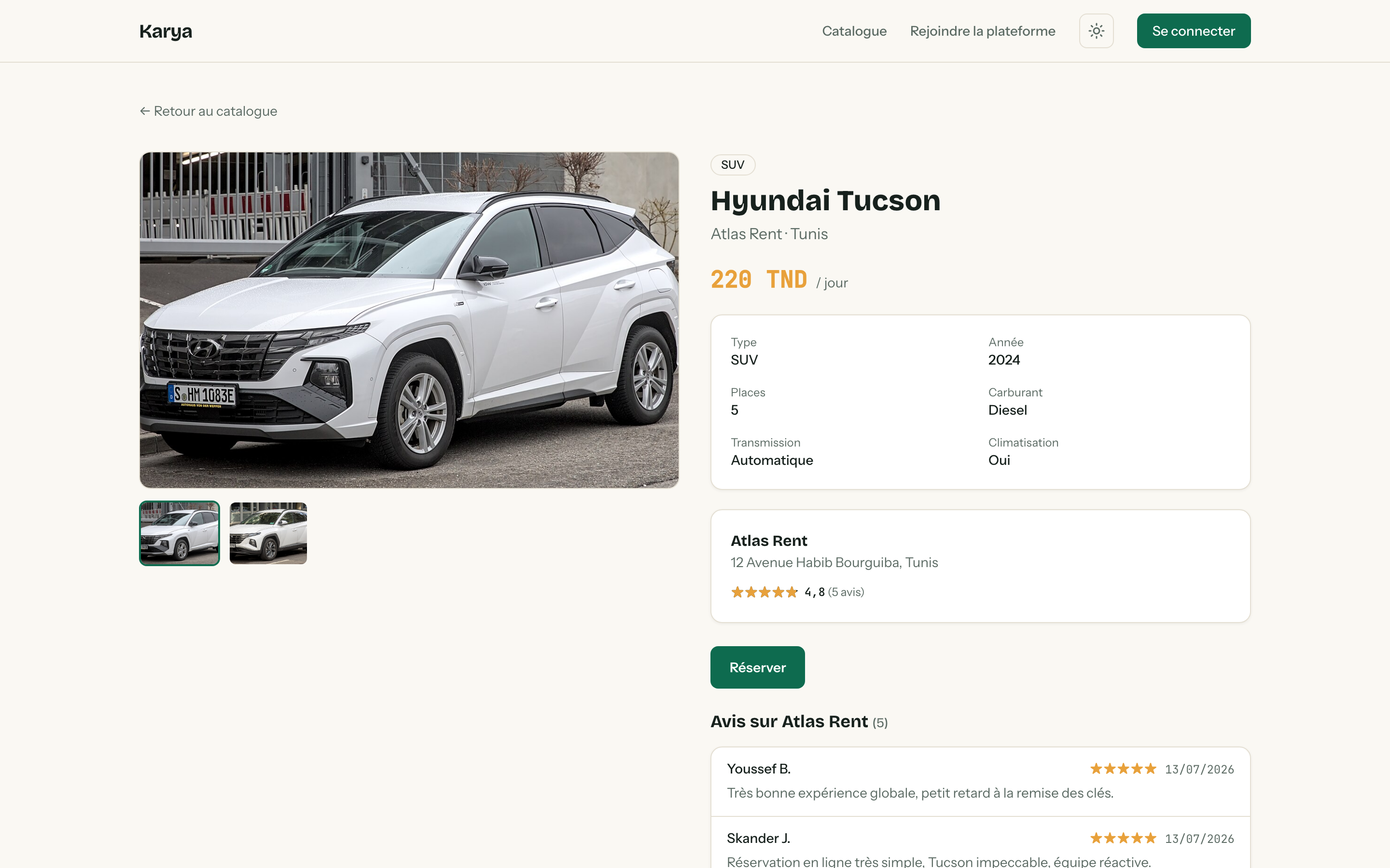 Fiche du Hyundai Tucson : galerie photos, prix en safran, note 4,8 sur 5 avec 5 avis, et bouton Réserver.