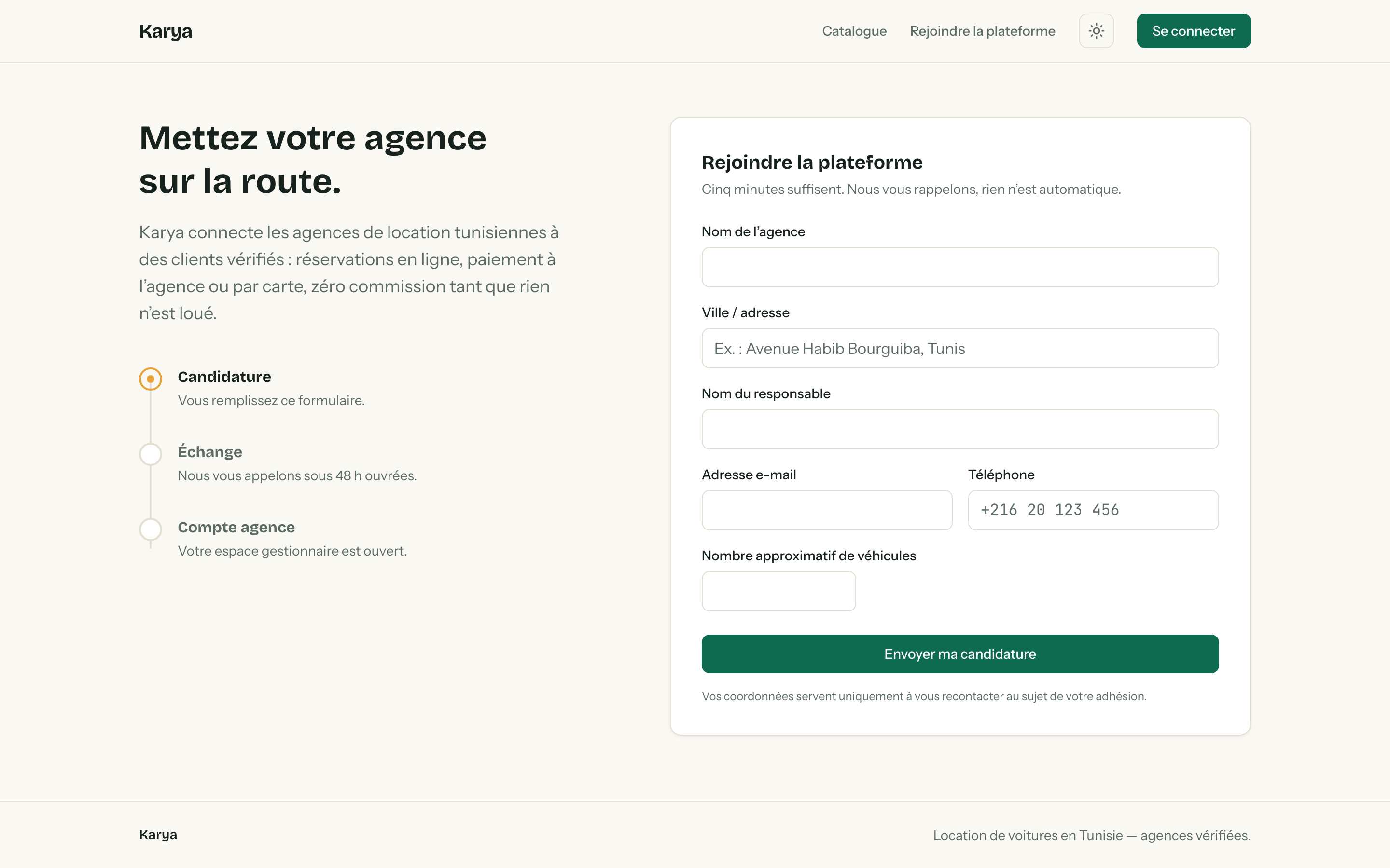 Formulaire public « Rejoindre la plateforme » de Karya, pour candidater en tant qu'agence.