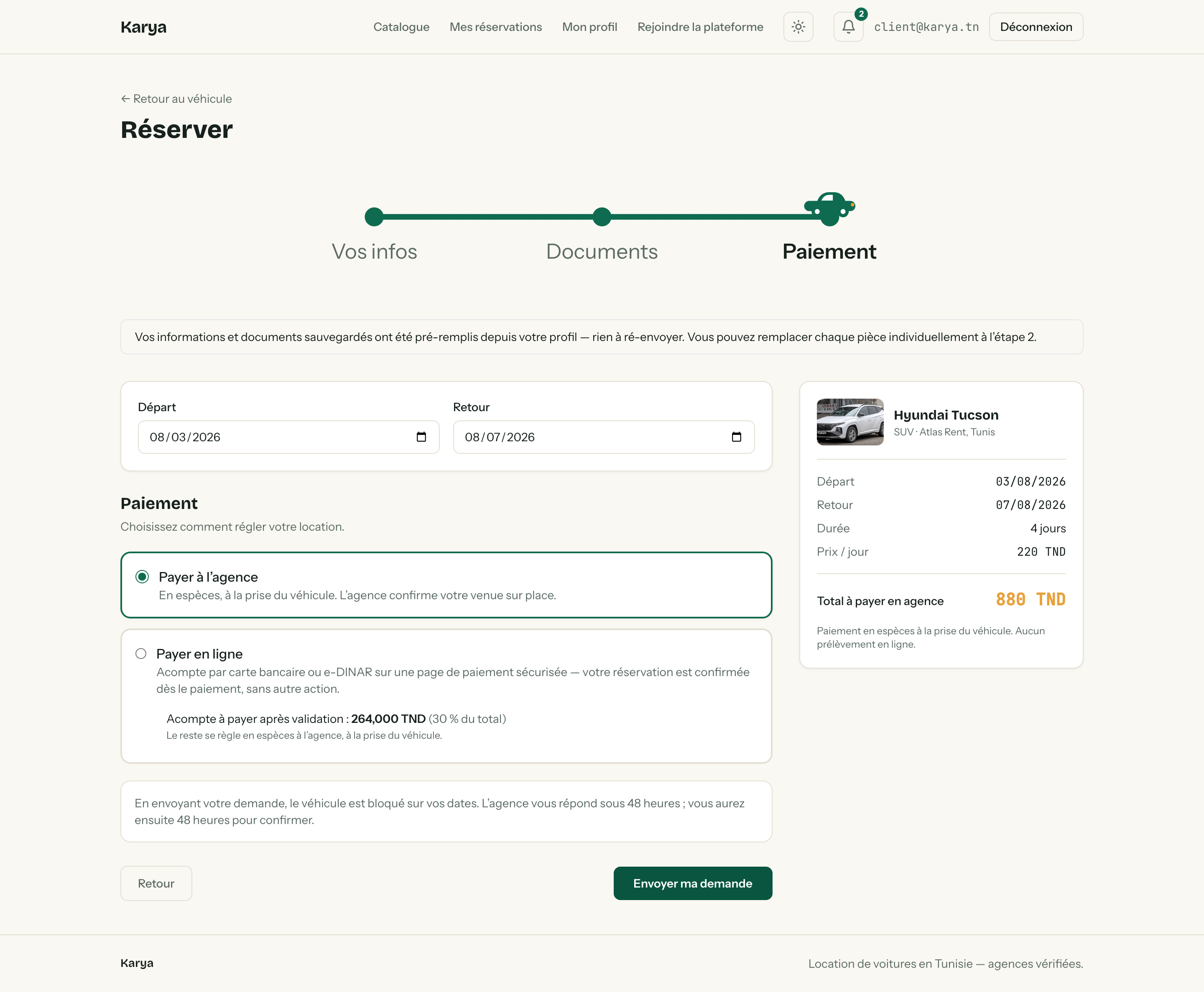 Étape Paiement : choix entre « Payer à l'agence » et « Payer en ligne », acompte de 30 % égal à 264 TND, carte ou e-DINAR, et délai de 48 h expliqué.