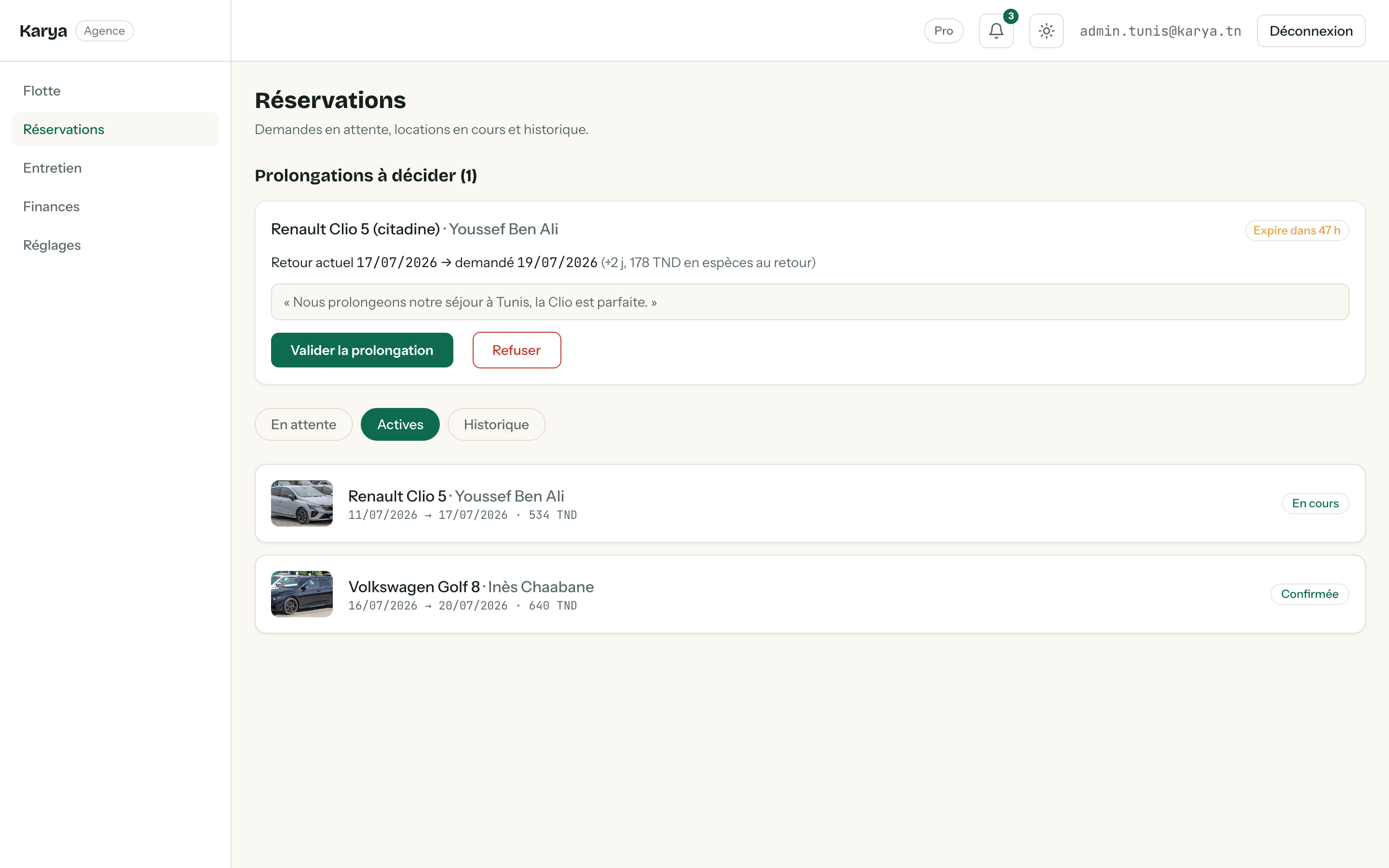 Back-office agence — onglet Actives : locations confirmées et en cours.