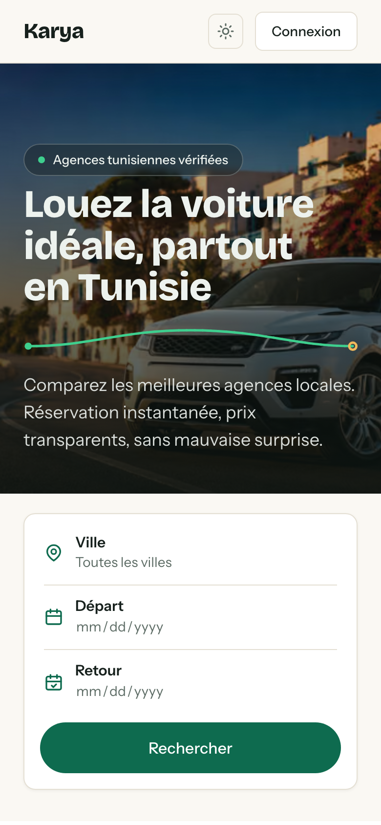 Karya sur mobile : page d'accueil.