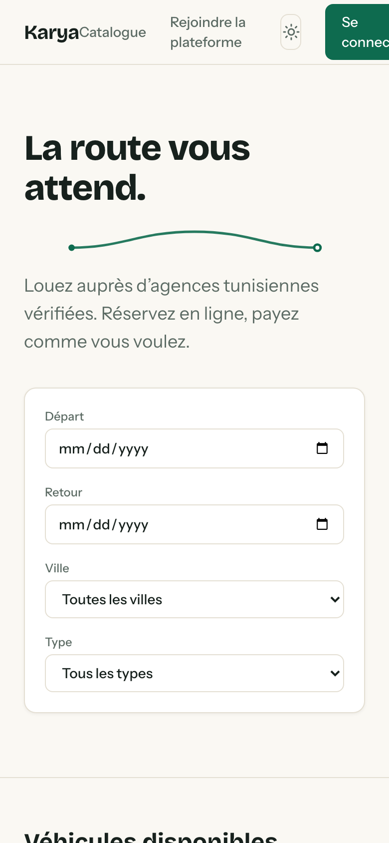 Karya sur mobile : catalogue des véhicules.